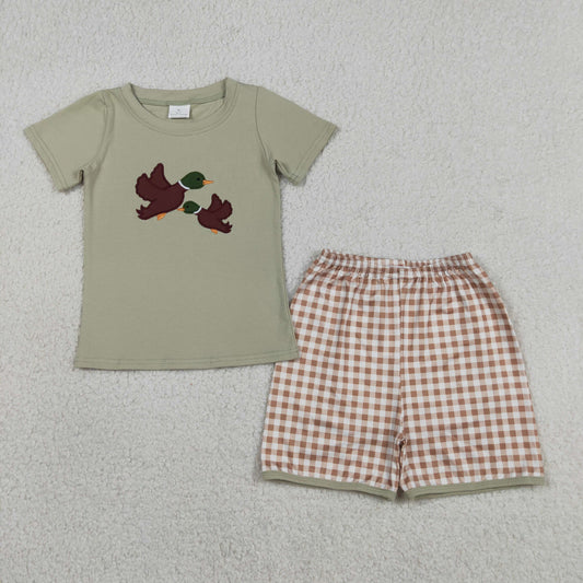 BSSO1867 Baby Boys Embroidery Ducks Top Checked Short Hunting Clothes Set