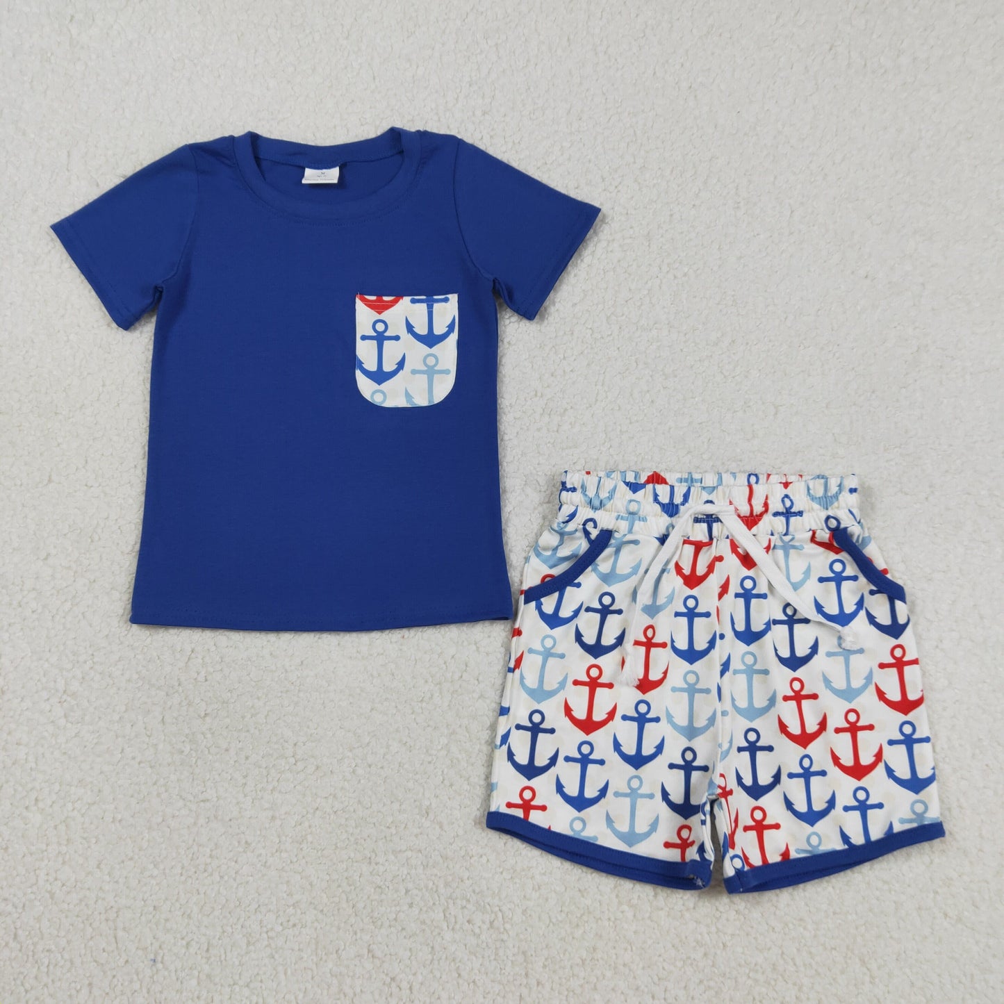 BSSO1874 Baby Boys Red Blue Boats Fishing Top Pockets Shorts 4th of July Clothes Sets