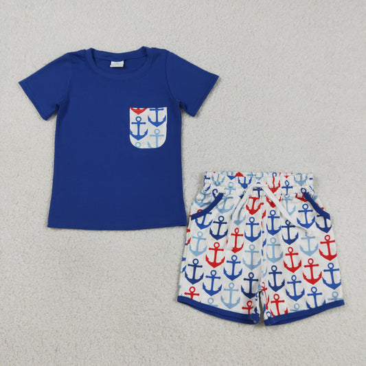 BSSO1874 Baby Boys Red Blue Boats Fishing Top Pockets Shorts 4th of July Clothes Sets