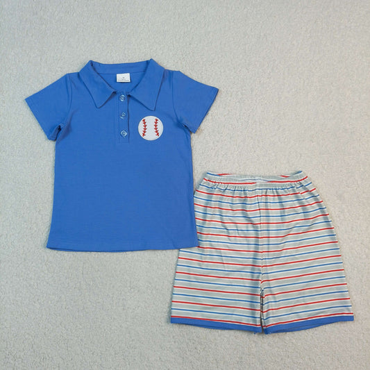 BSSO1877 Baby Boys Embroidery Baseball Button Polo Top Stripe Short Team Clothes Set