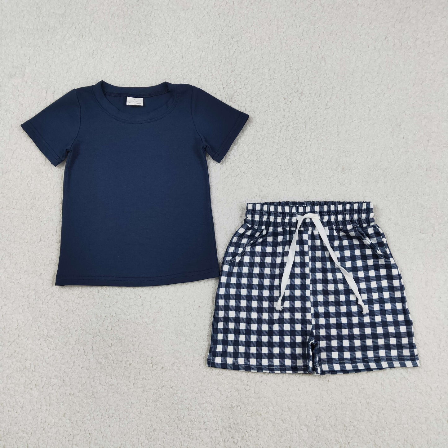 BSSO1882 Baby Boys Navy Short Sleeve Shirts Top Checked Pockets Short Clothes Sets