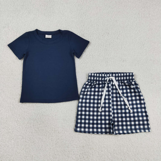 BSSO1882 Baby Boys Navy Short Sleeve Shirts Top Checked Pockets Short Clothes Sets