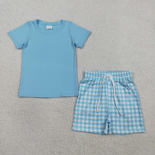 BSSO1883 Baby Boys Blue Short Sleeve Shirts Top Checked Pockets Short Clothes Sets