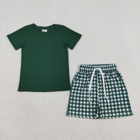 BSSO1885 Baby Boys Dark Green Shirts Top Checked Pockets Shorts Clothes Sets
