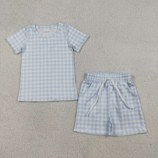 BSSO1896 Baby Boys Light Blue Checked Top Pockets Short Pajamas Clothes Set