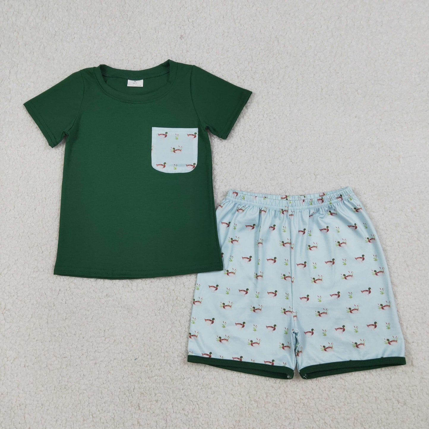 BSSO1899 Baby Boys Green Pocket Shirt Top Ducks Plaid Short Hunting Clothes Set