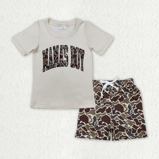 BSSO1901 Baby Boys MAMA'S BOY Top Dark Khaki Pockets Shorts Clothes Sets