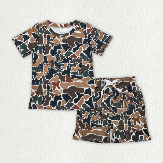 BSSO1911 Baby Boys Southern Dark Brown Camo Top Pockets Shorts Pajamas Clothes Sets