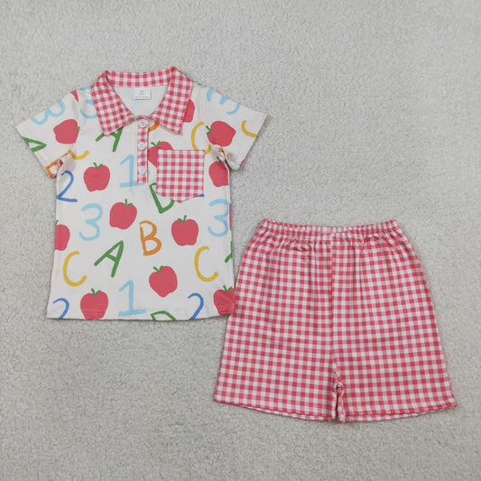 BSSO1913 Baby Boys ABC Apples Button Pockets Polo Checked Short Back to School Set