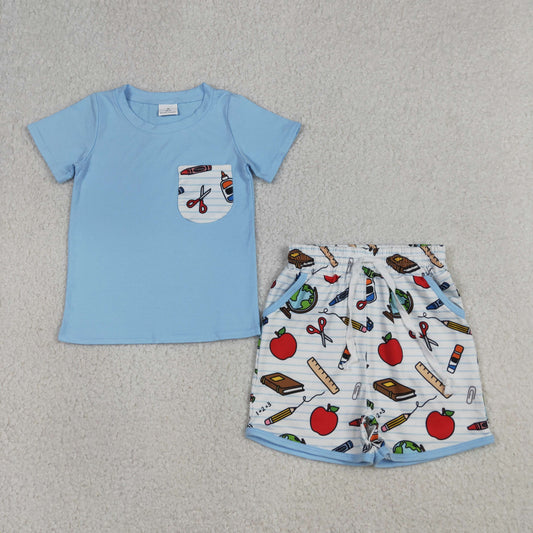 BSSO1921 Baby Boys Blue Top Pencils Apples Pockets Short Back to School Clothes Set