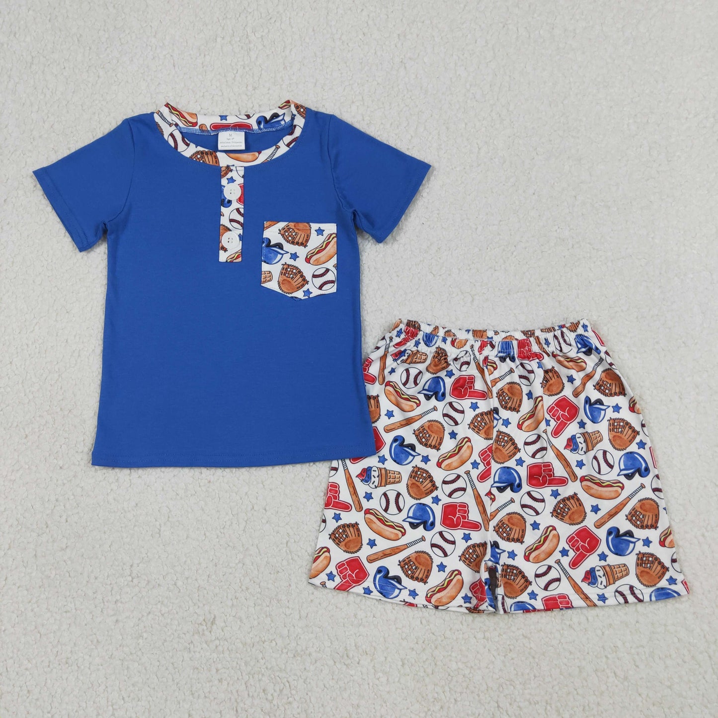 BSSO1922 Baby Boys Blue Button Pocket Baseballs Top Short Team Clothes Set