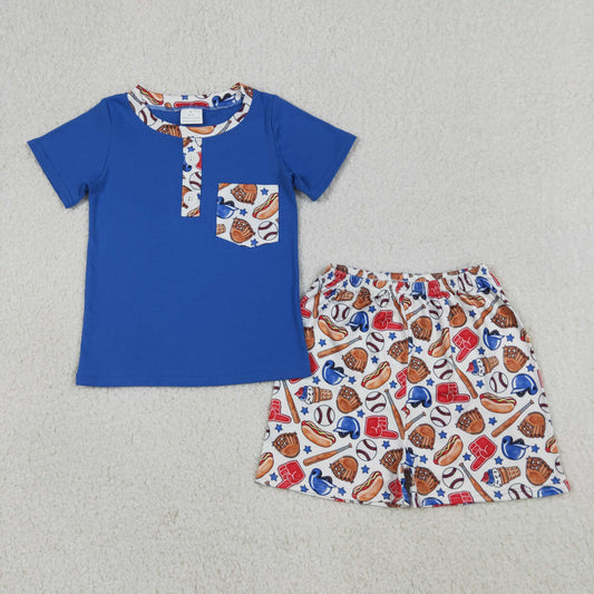BSSO1922 Baby Boys Blue Button Pocket Baseballs Top Short Team Clothes Set