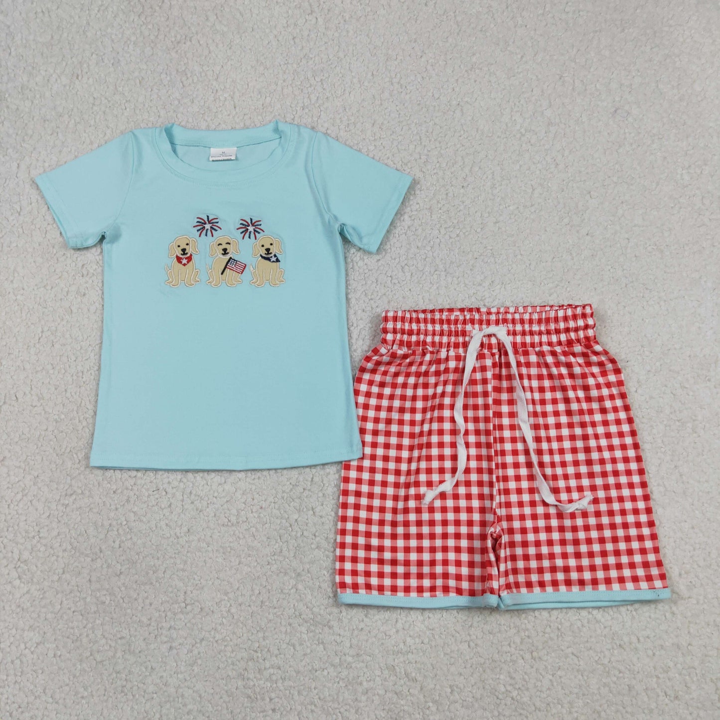 Sibling Baby Kids Embroidery Dogs Flags Shirt Shorts 4th of July Clothes Set Rompers