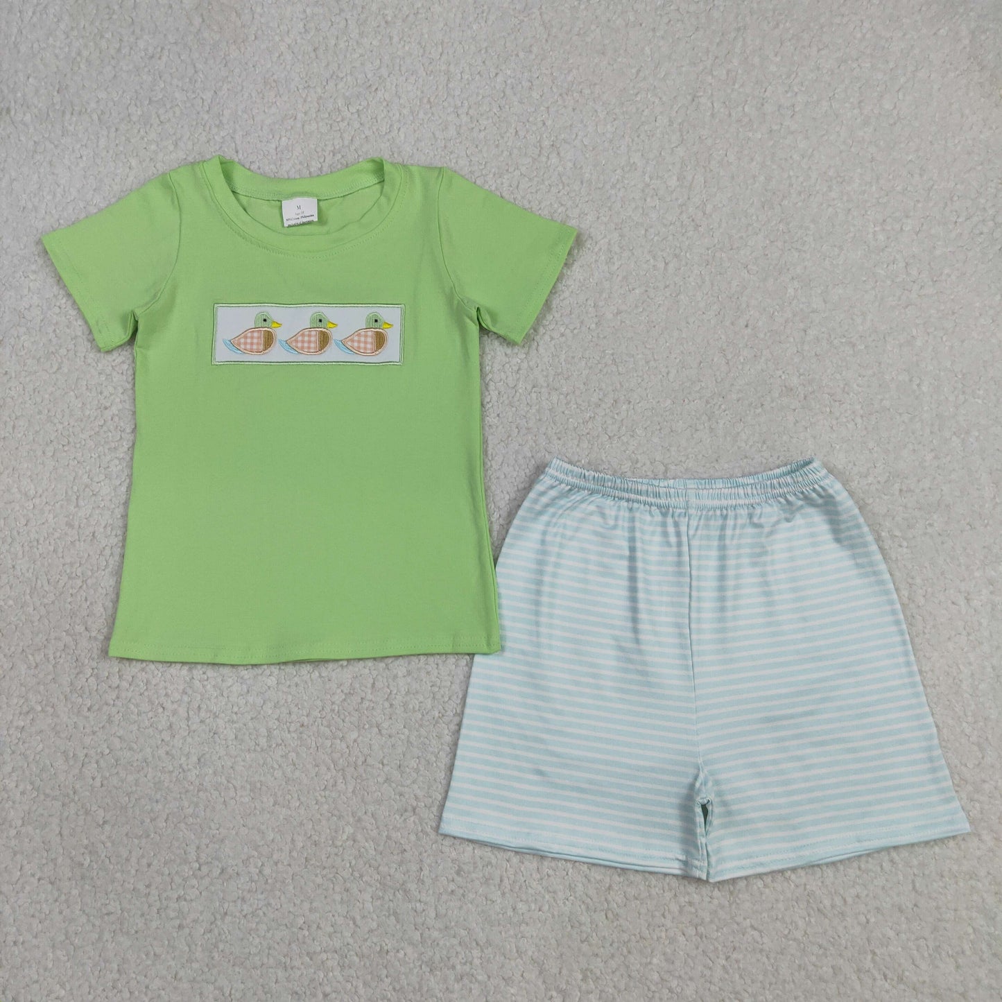 BSSO1946 Baby Boys Green Embroidery Ducks Top Stripe Short Hunting Clothes Set
