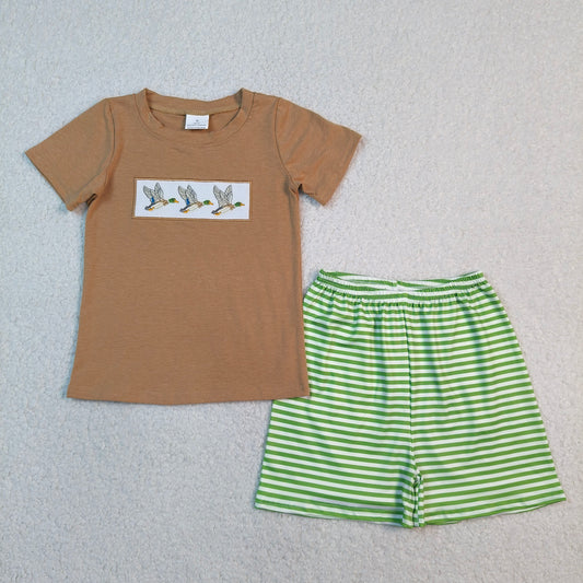BSSO1947 Baby Boys Embroidery Ducks Top Stripe Short Hunting Clothes Set