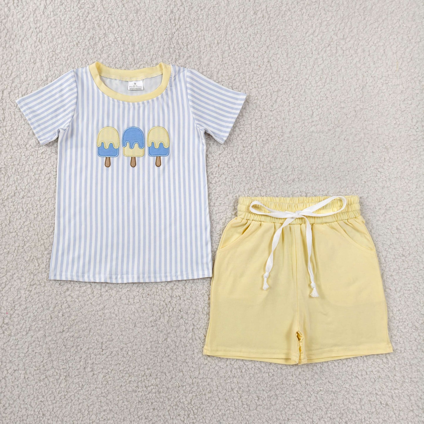 Sibling Baby Boys Embroidery Popsicle Stripe Top Pockets Short Clothes Set Rompers