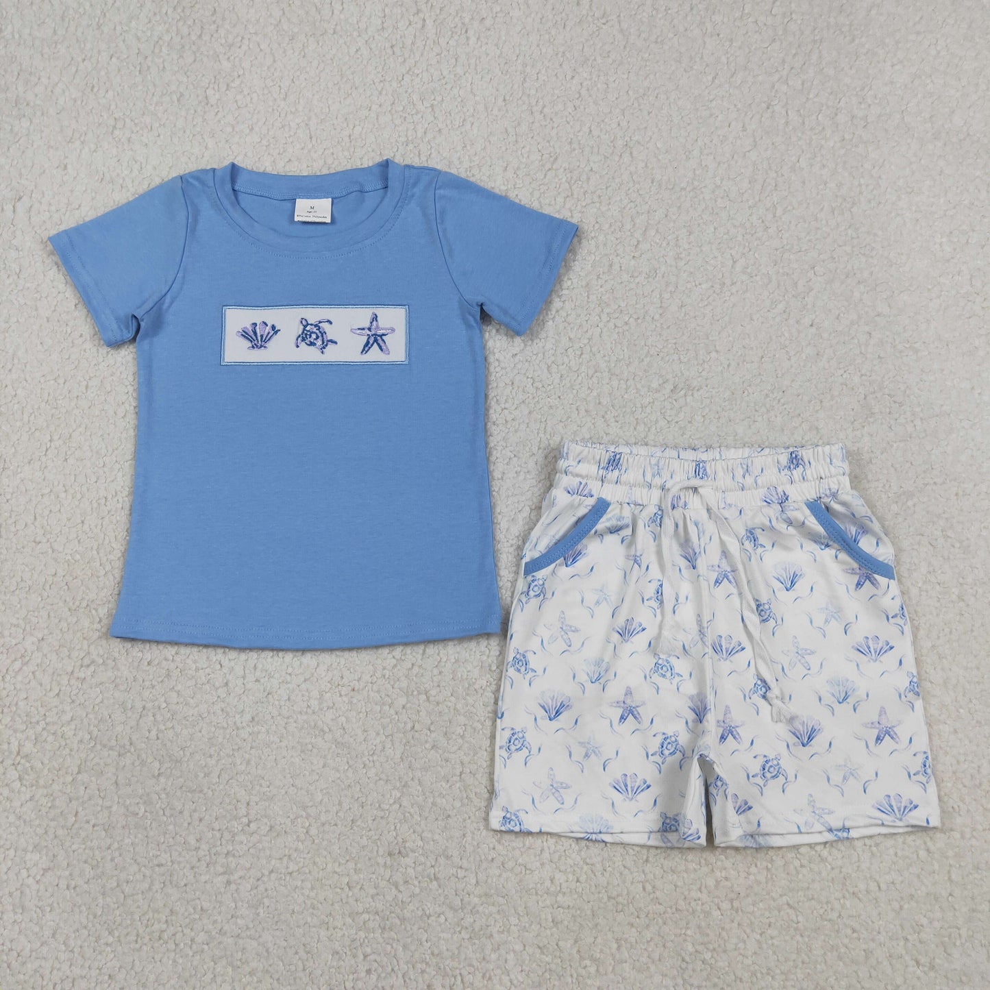 Sibling Baby Boys Short Sleeve Embroidery Sea World Beach Top Shorts Clothes Sets