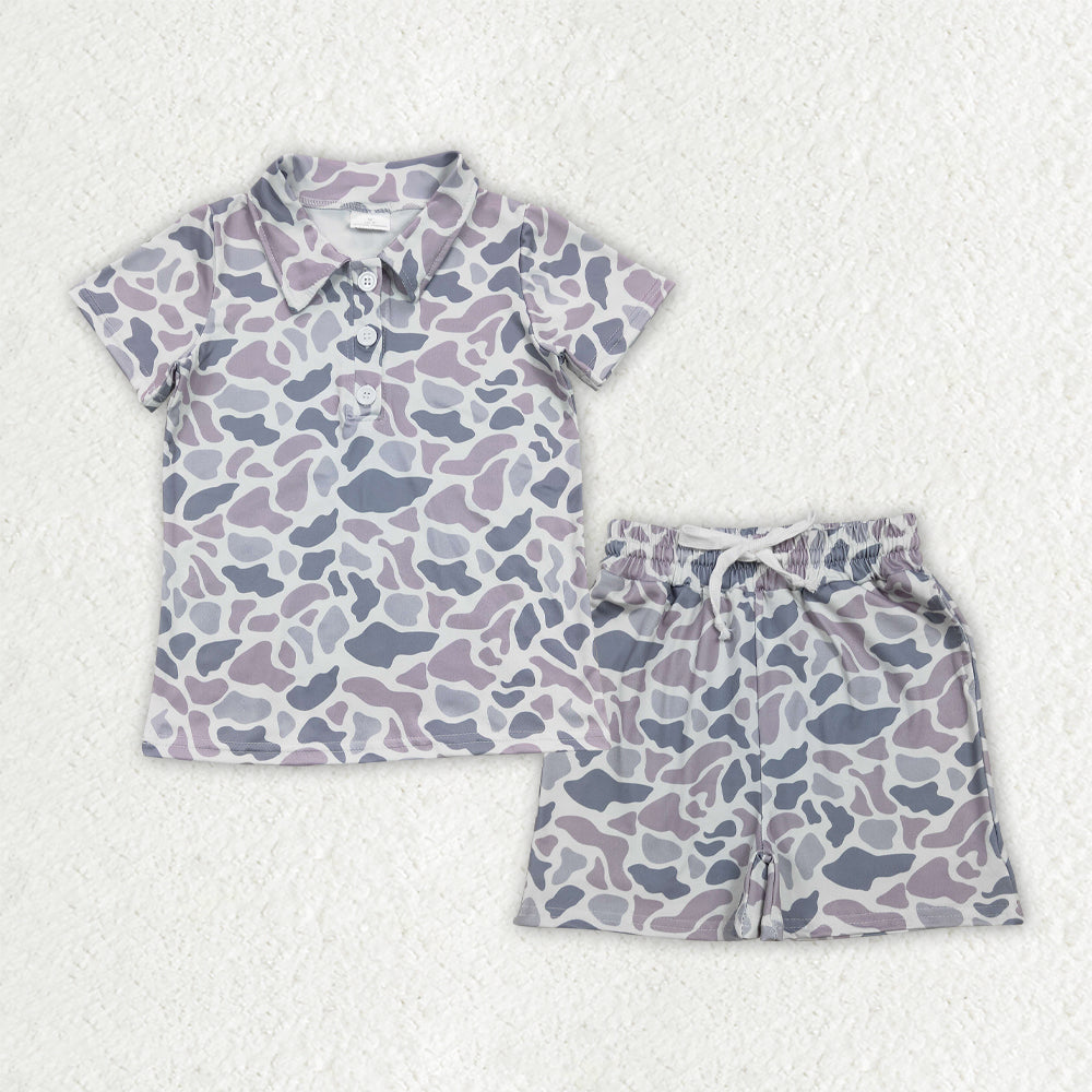 BSSO1986 Baby Boys Southern Light Grey Camo Button Polo Shirt Pockets Short Clothes Sets