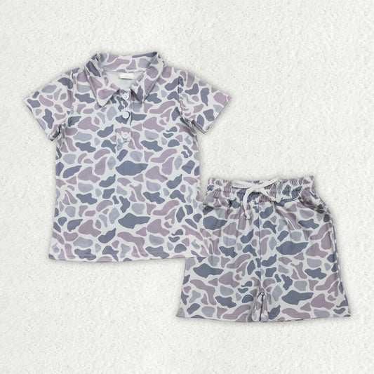 BSSO1986 Baby Boys Southern Light Grey Camo Button Polo Shirt Pockets Short Clothes Sets