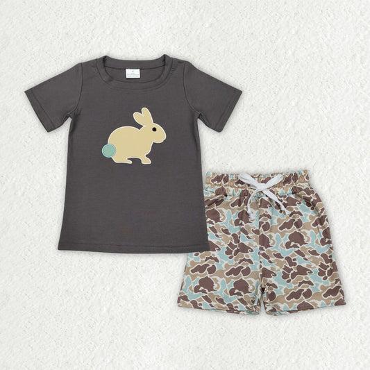 BSSO1987 Baby Boys Embroidery Rabbits Top Khaki Camo Pockets Short Easter Clothes Sets