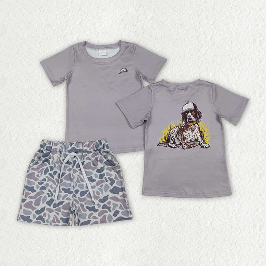 BSSO1988 Baby Boys Hat Dogs Top Light Grey Camo Pockets Short Hunting Clothes Sets