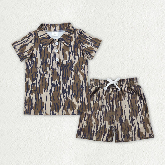 BSSO1997 Baby Boys Southern Olive Camo Button Polo Shirt Pockets Short Clothes Sets