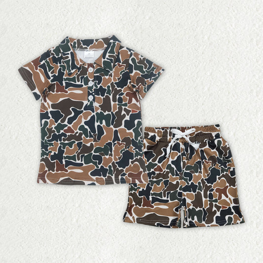BSSO1998 Baby Boys Southern Dark Brwon Camo Button Polo Shirt Top Pockets Short Set