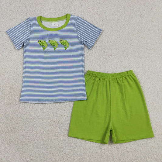 BSSO2001 Baby Boys Embroidery Fishes Strip Top Short Hunting Clothes Set