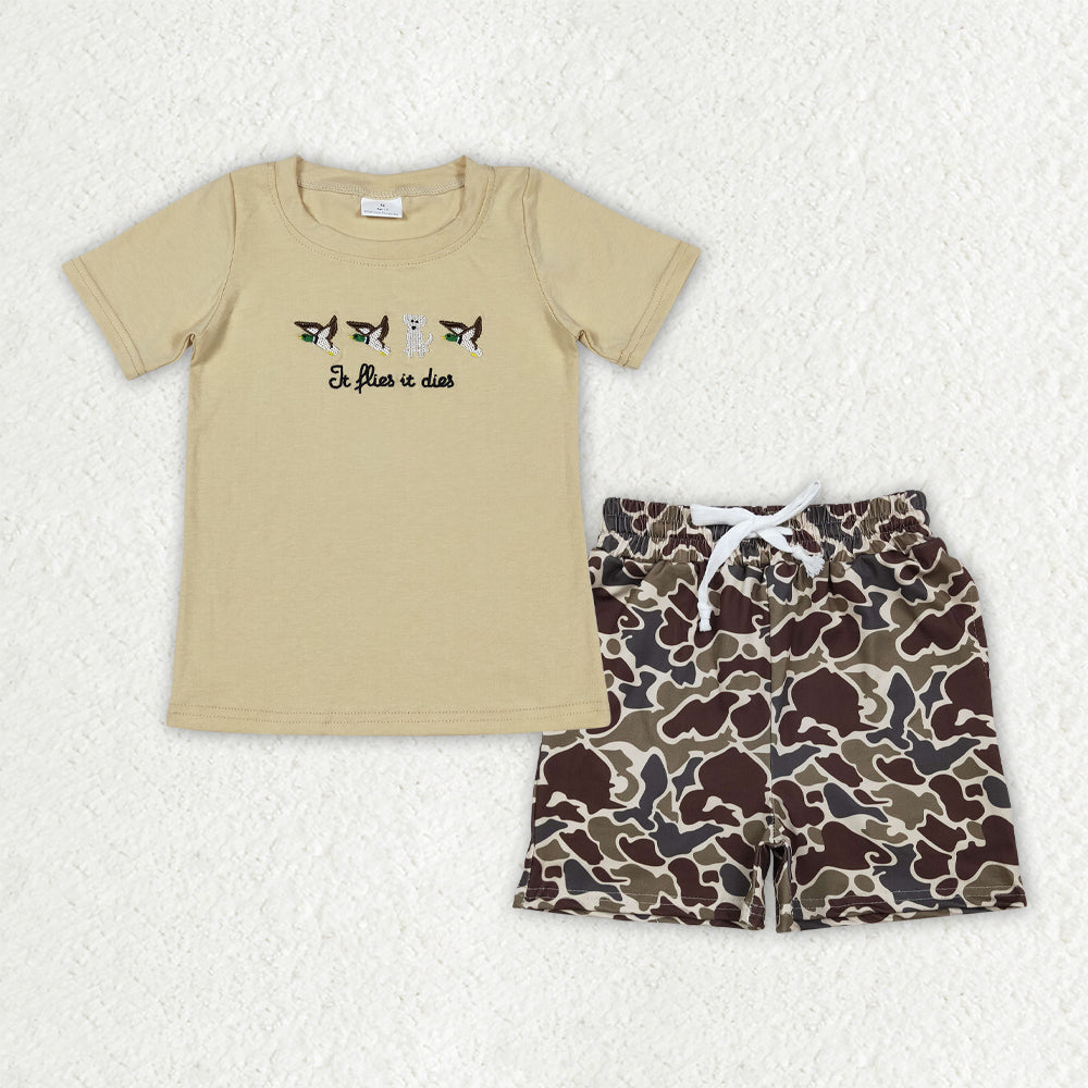 BSSO2016 Baby Boys Embroidery Dog Ducks Top Brown Camo Pockets Short Hunting Clothes Set