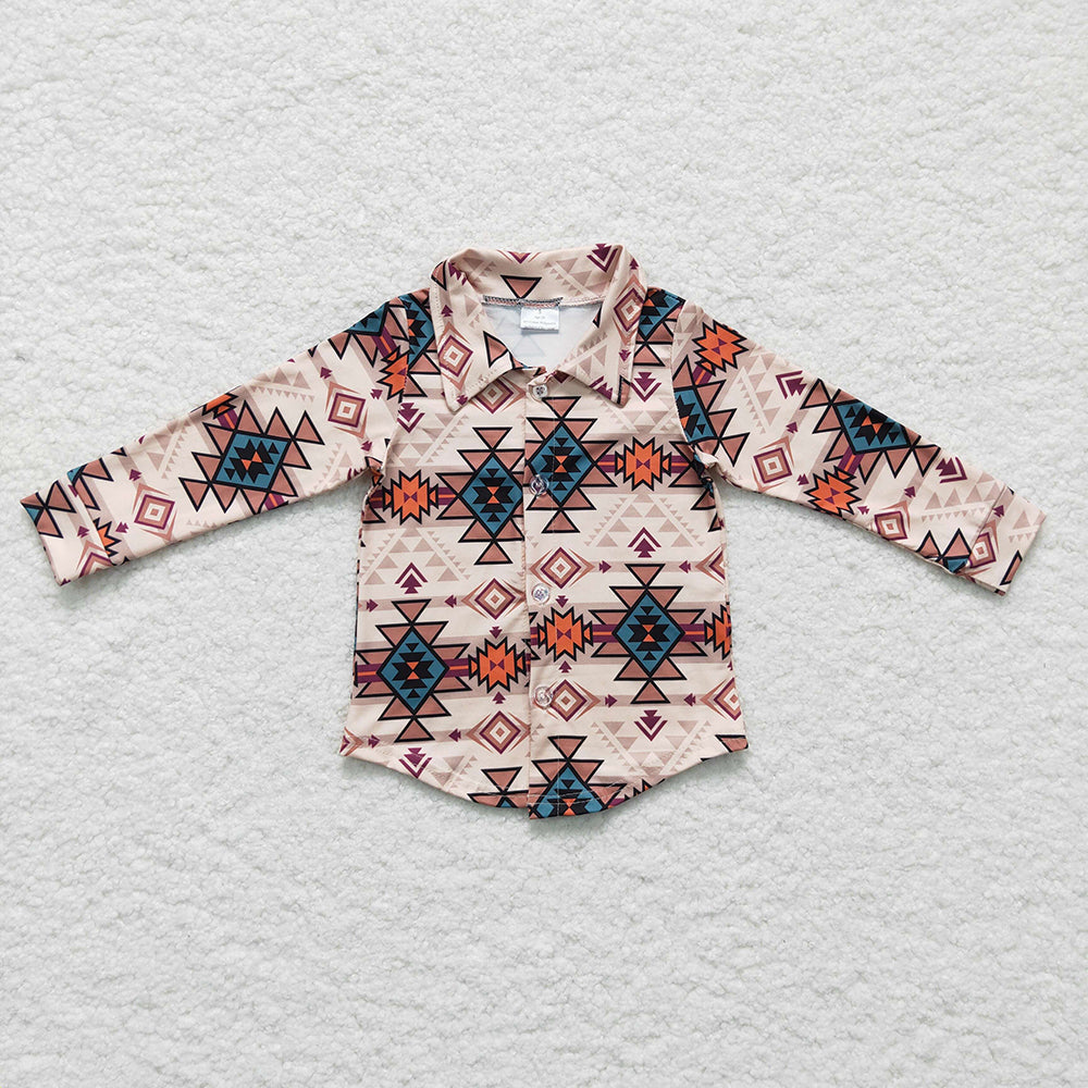Sibling Baby Boys Western Aztec Button Shirt Top Two Way Zipper Footed Rompers