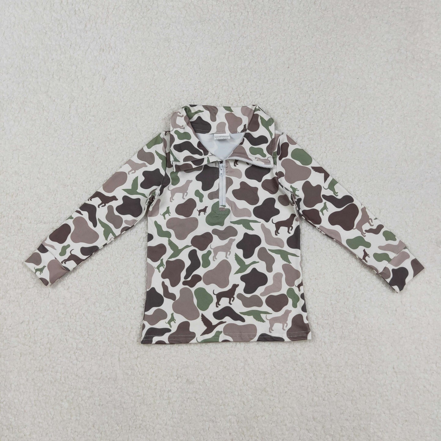 BT0955 Baby Boys Brown Green Dogs Ducks Deer Camo Zipper Pullovers Top