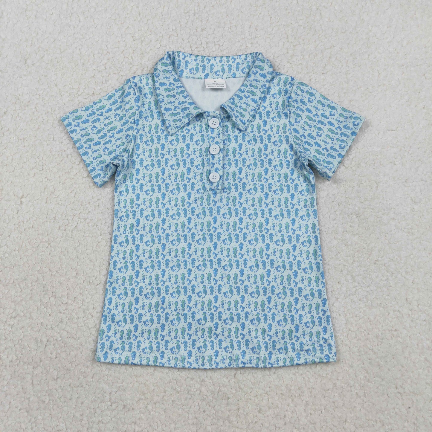 BT1113 Baby Boys Blue Short Sleeve Sea Horses Plaid Button Polo Shirts Top