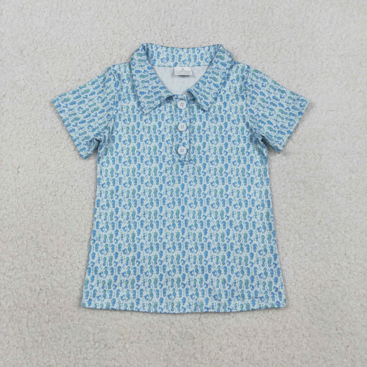 BT1113 Baby Boys Blue Short Sleeve Sea Horses Plaid Button Polo Shirts Top