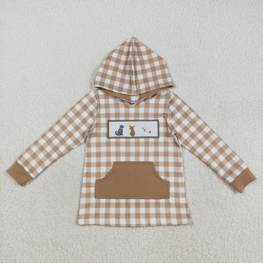 BT1285 Baby Boys Khaki Checked Embroidery Dog Deer Ducks Pockets Hunting Hoodies Top