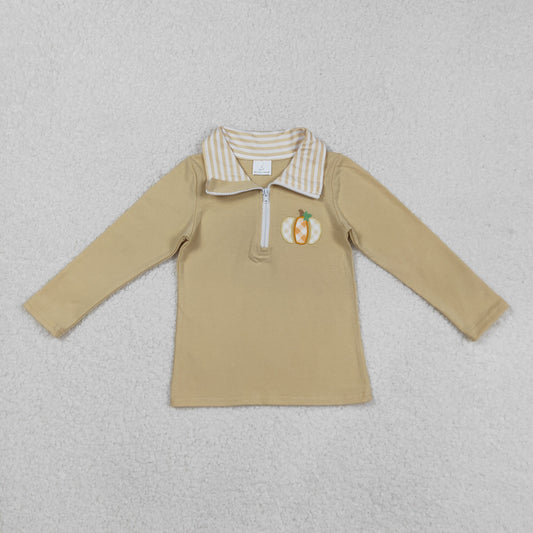 BT1293 Baby Boys Khaki Embroidery Pumpkins Zipper Fall Pullovers Top