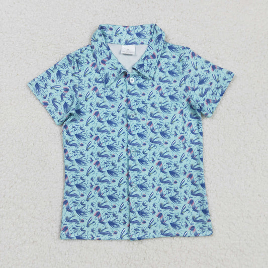 BT1296 Baby Boys Blue Flowers Fishing Button Pocket Southern Shirts Top