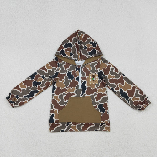 BT1300 Baby Boys Dark Brown Camo Embroidery Dog Ducks Hunting Zipper Pocket Hoodies Top
