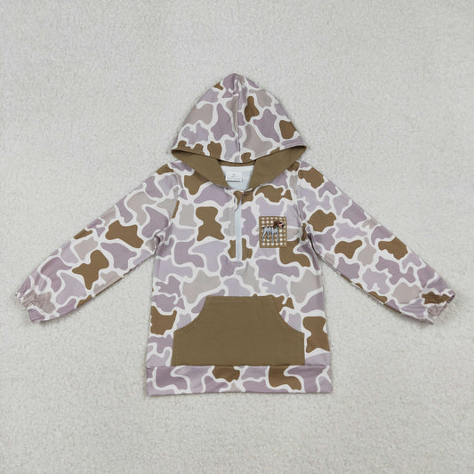 BT1302 Baby Boys Khaki Camo Embroidery Dog Duck Pocket Zipper Hunting Hoodies Top
