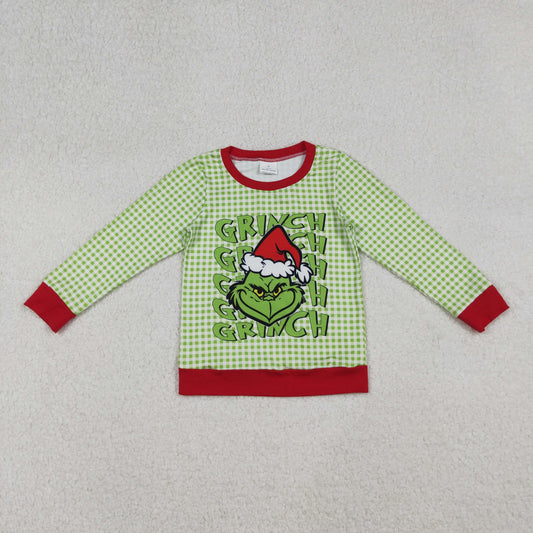 BT1321 Baby Boys Green Face Checked Christmas Long Sleeve Tee Shirts Top