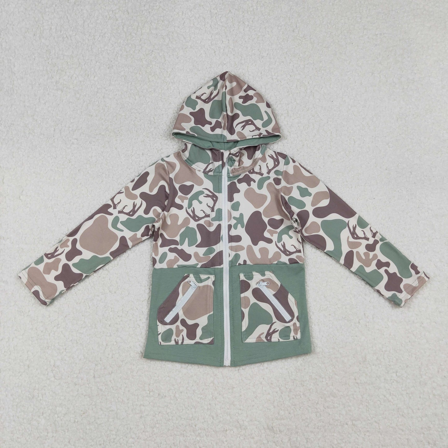 BT1335 Baby Boys Green Brown Deer Camo Pockets Zip Hunting Hoodies Jacket Top