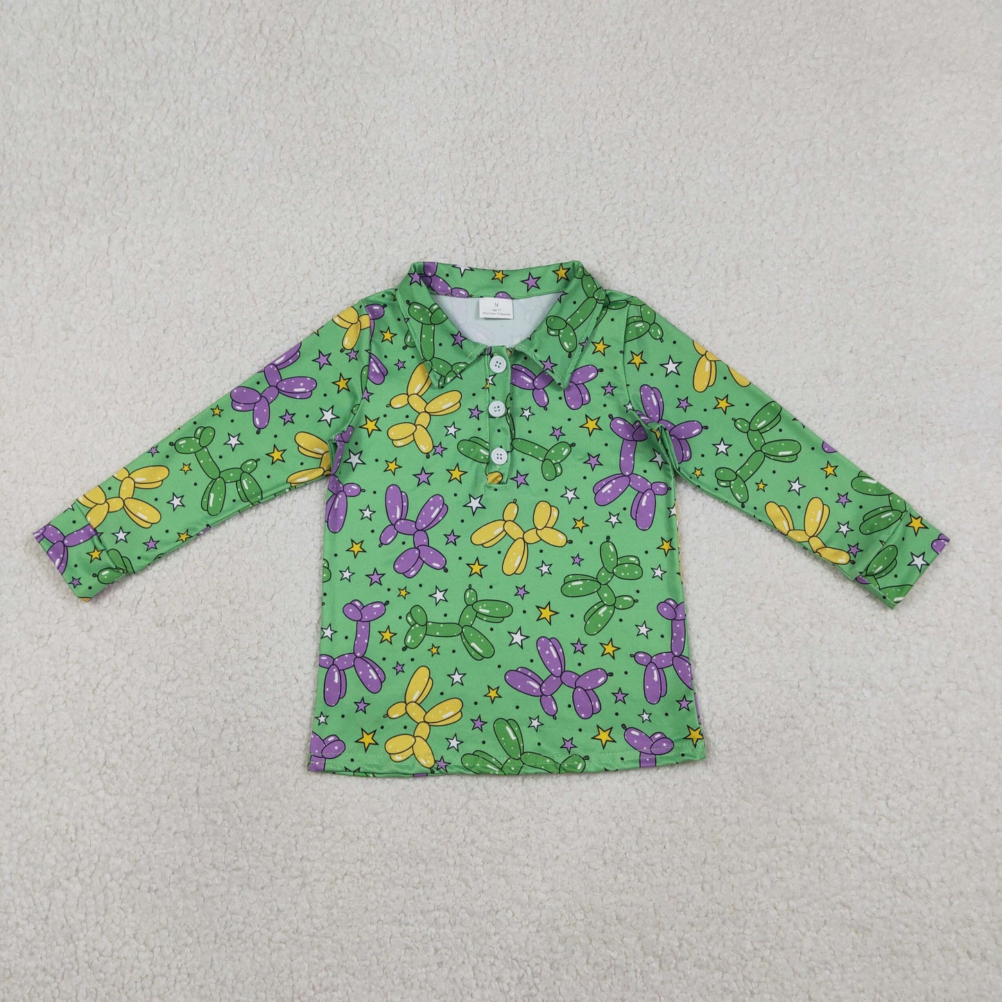BT1389 Baby Boys Long Sleeve Mardigras Stars Dogs Button Polo Shirts Top