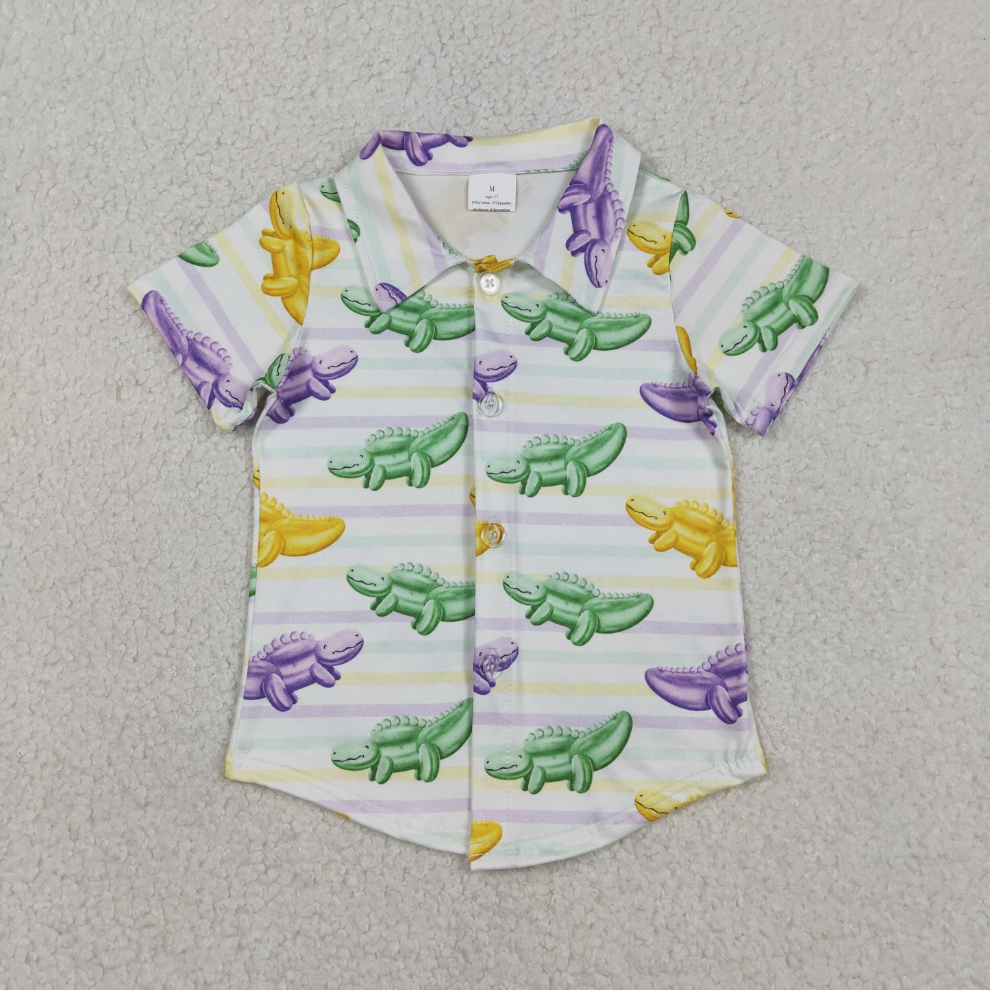 BT1393 Baby Boys Short Sleeve Mardigras Stripe Crocodiles Button Shirts Top