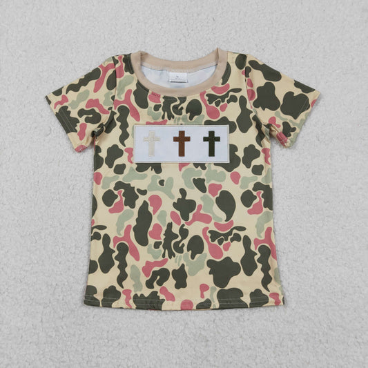 BT1395 Baby Boys Short Sleeve Embroidery Crosses Camo Easter T-shirts Top