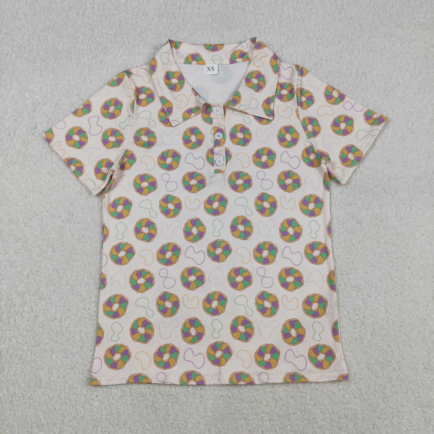 BT1453 Adult Women Short Sleeve Donuts Necklaces Mardigras Button Polo Shirts Top