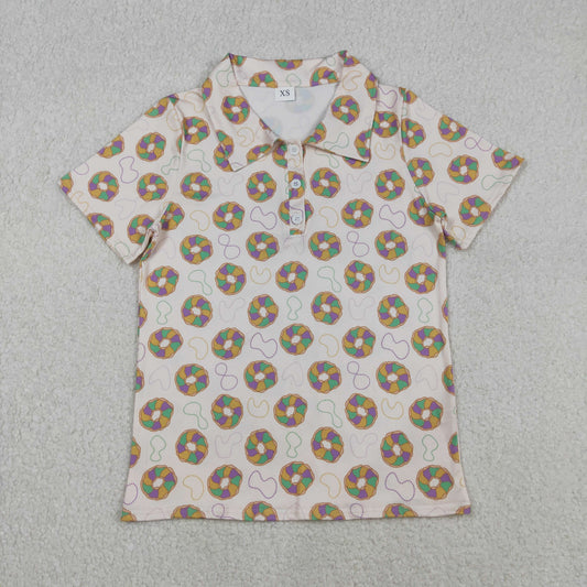 BT1453 Adult Women Short Sleeve Donuts Necklaces Mardigras Button Polo Shirts Top