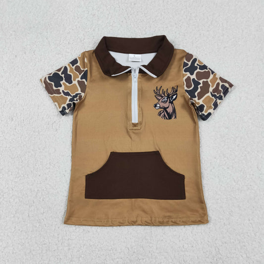 BT1531 Baby Boys Camo Short Sleeve Deer Zip Pockets Hunting Pullovers Top