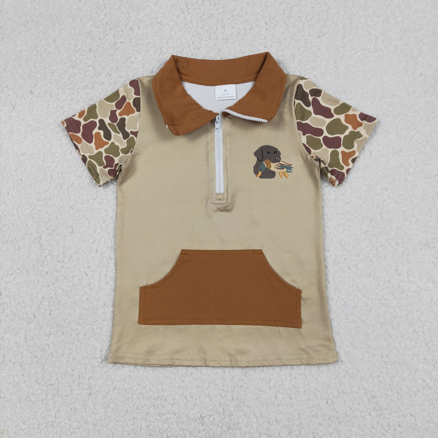 BT1532 Baby Boys Camo Short Sleeve Dog Ducks Zip Pockets Hunting Pullovers Top