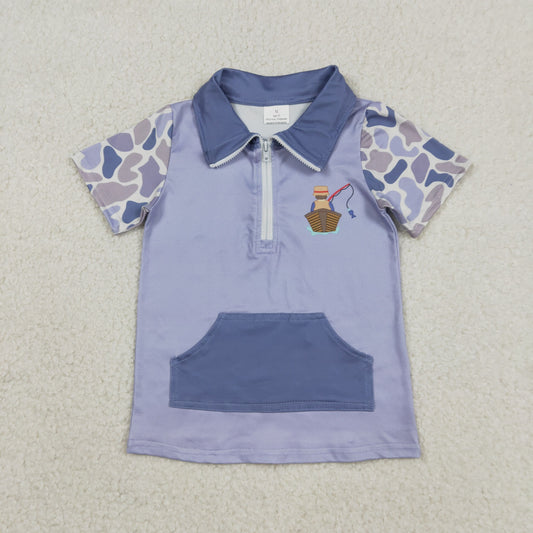 BT1533 Baby Boys Camo Short Sleeve Fishing Zip Pockets Hunting Pullovers Top