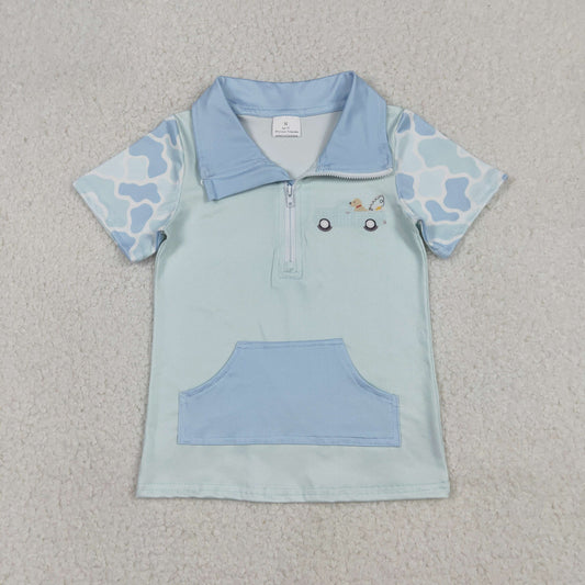 BT1534 Baby Boys Camo Short Sleeve Dog Fishing Zip Pockets Hunting Pullovers Top