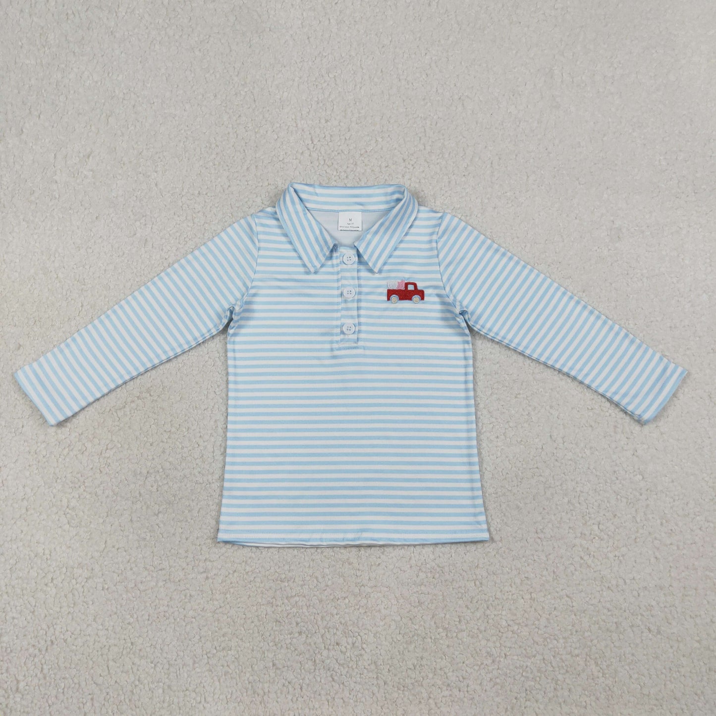 BT1573 Baby Boys Blue Stripe Embroidery Hearts Truck Valentines Button Polo Shirts Top